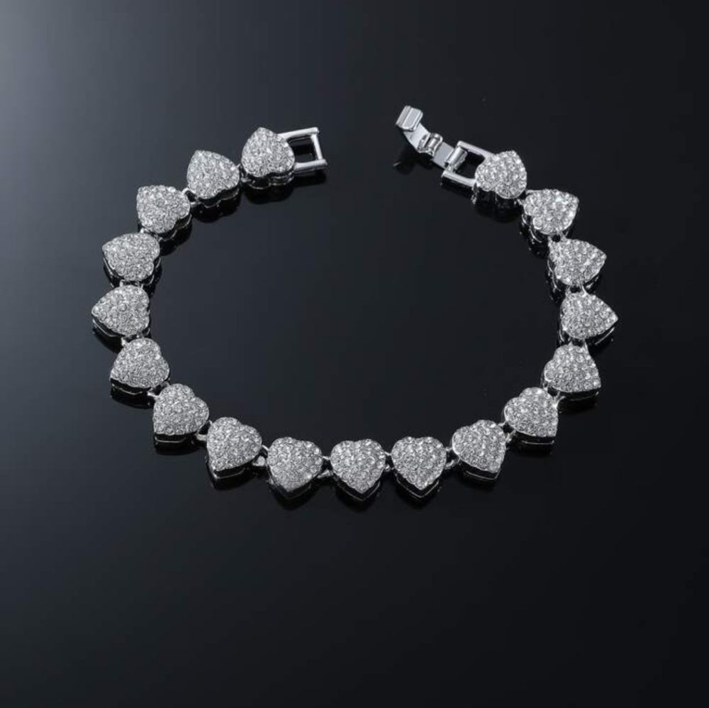 9mm Heart Tennis Bracelet /Bling Gemstones /18K White Gold Finish/Dainty Iced